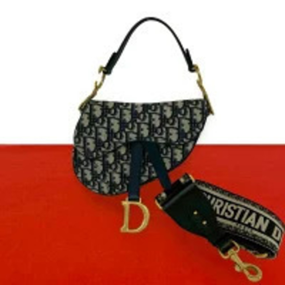 Christian Dior Oblique Saddle Bag Canvas Leather 2Way Shoulder Bag Navy Blue